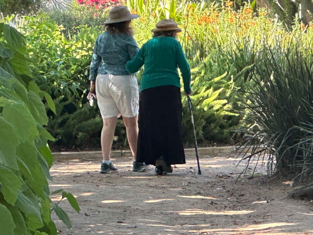 Two women on a walk arm in arm